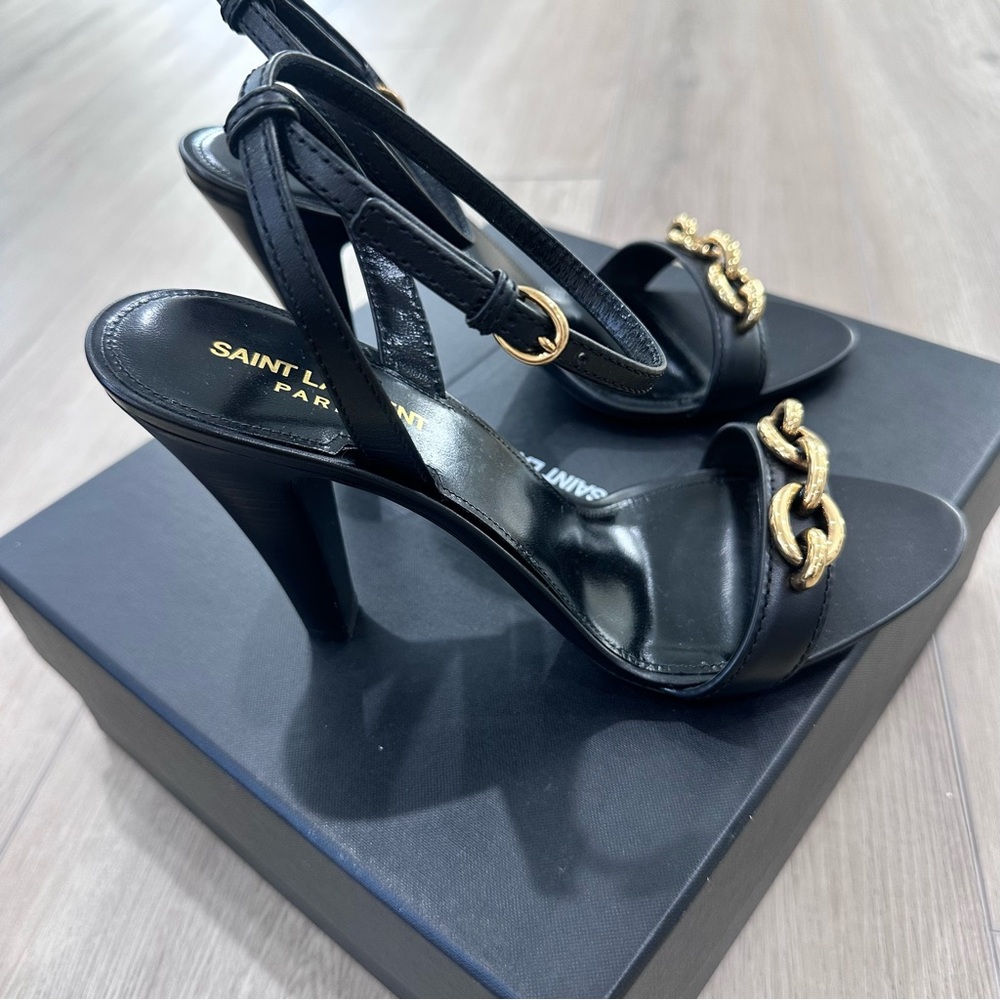 NWT Saint Laurent 95 mm le Maillon gold chain sandals heels black 10.5 EUR 40.5 - Picture 5 of 13
